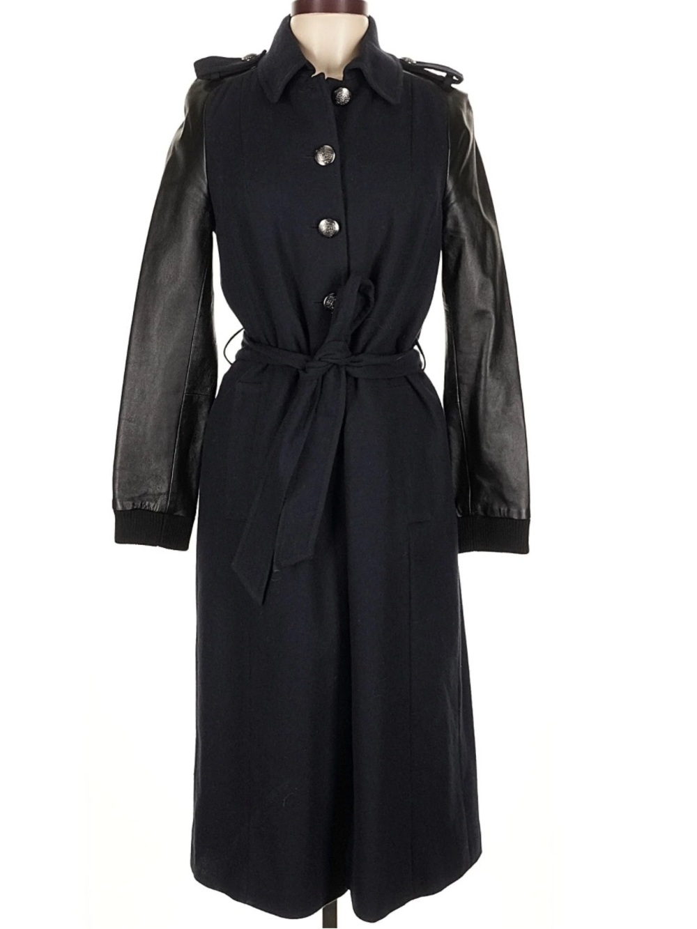 Topshop Black Wool Blend Trench Coat Faux Leather Sleeves Edgy Coat fashionable